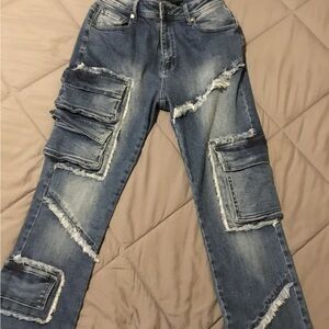 Blue Flare Distressed Jeans with Patchwork